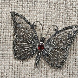 STERLING 925, GARNET & onyx BOMA Marcasite & filigree butterfly brooch pin